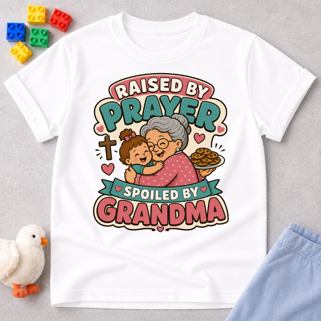 Raised by Prayer Spoiled by Grandma Christian kids shirt in white featuring a grandmother hugging a child
