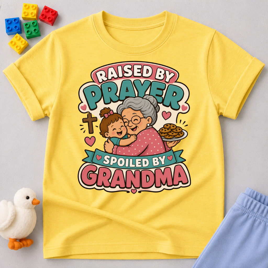 Raised by Prayer Spoiled by Grandma Christian kids shirt in yellow featuring a grandmother hugging a child
