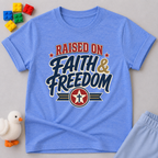 Raised on Faith and Freedom Christian kids shirt in blue featuring vintage patriotic typography
