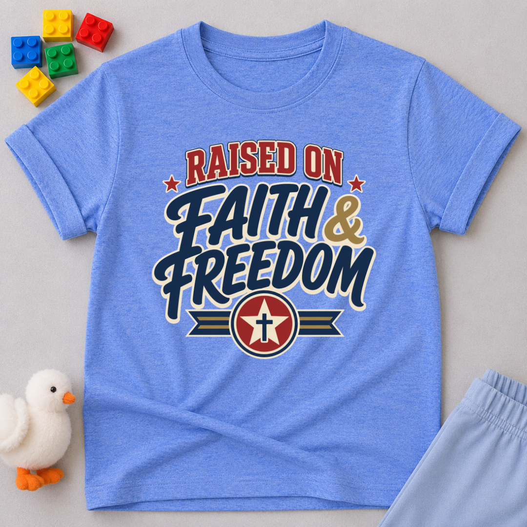 Raised on Faith and Freedom Christian kids shirt in blue featuring vintage patriotic typography
