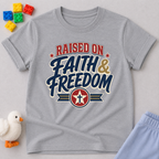 Raised on Faith and Freedom Christian kids shirt in gray featuring vintage patriotic typography
