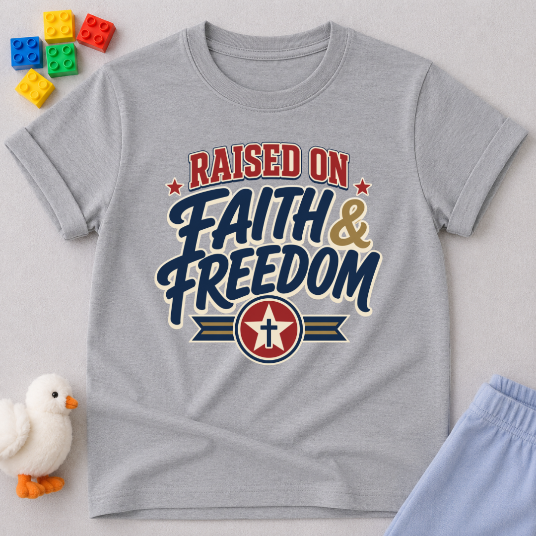 Raised on Faith and Freedom Christian kids shirt in gray featuring vintage patriotic typography

