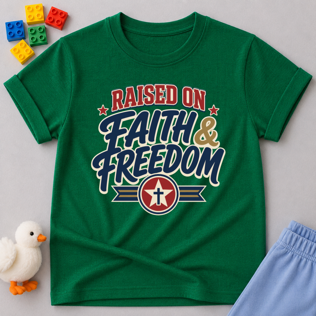 Raised on Faith and Freedom Christian kids shirt in green featuring vintage patriotic typography
