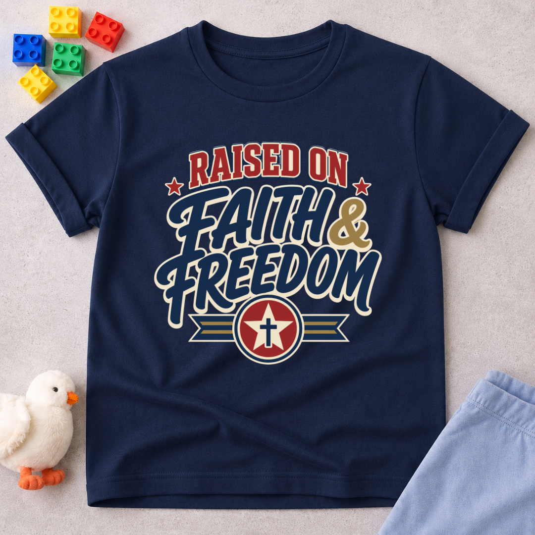 Raised on Faith and Freedom Christian kids shirt in navy featuring vintage patriotic typography

