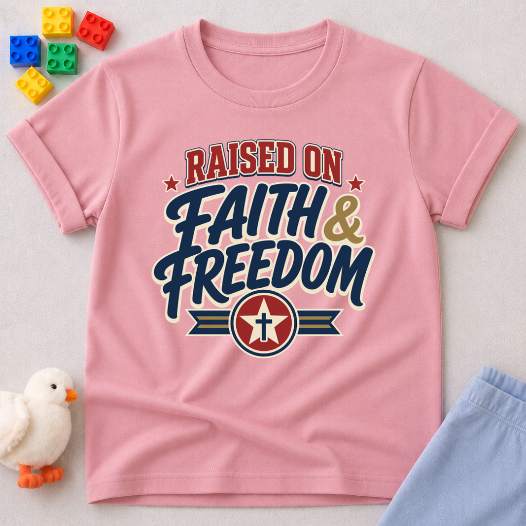 Raised on Faith and Freedom Christian kids shirt in pink featuring vintage patriotic typography
