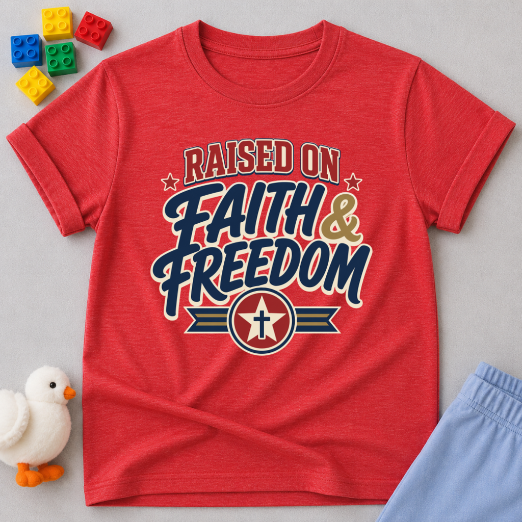 Raised on Faith and Freedom Christian kids shirt in red featuring vintage patriotic typography
