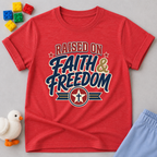 Raised on Faith and Freedom Christian kids shirt in red featuring vintage patriotic typography
