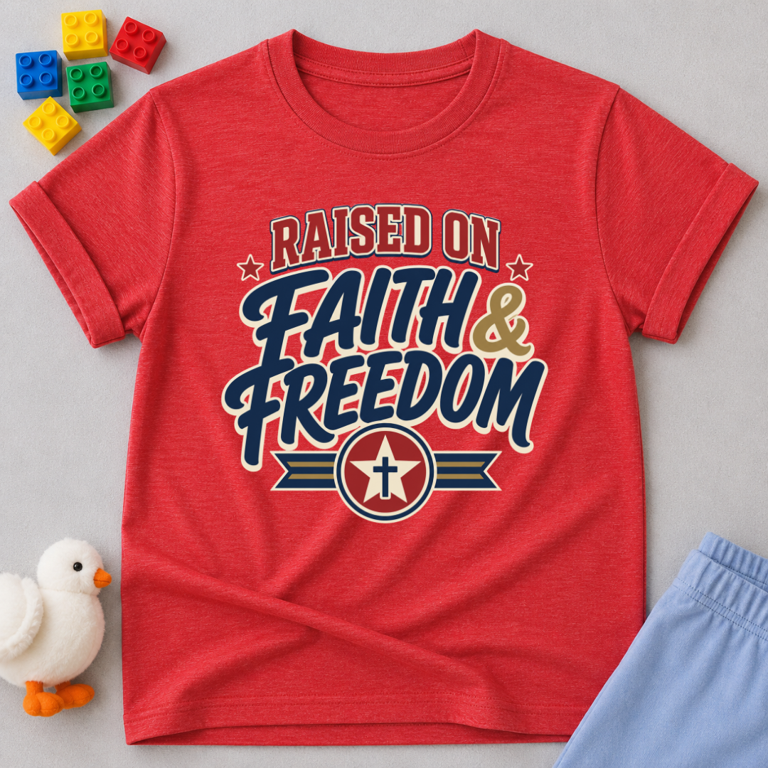Raised on Faith and Freedom Christian kids shirt in red featuring vintage patriotic typography
