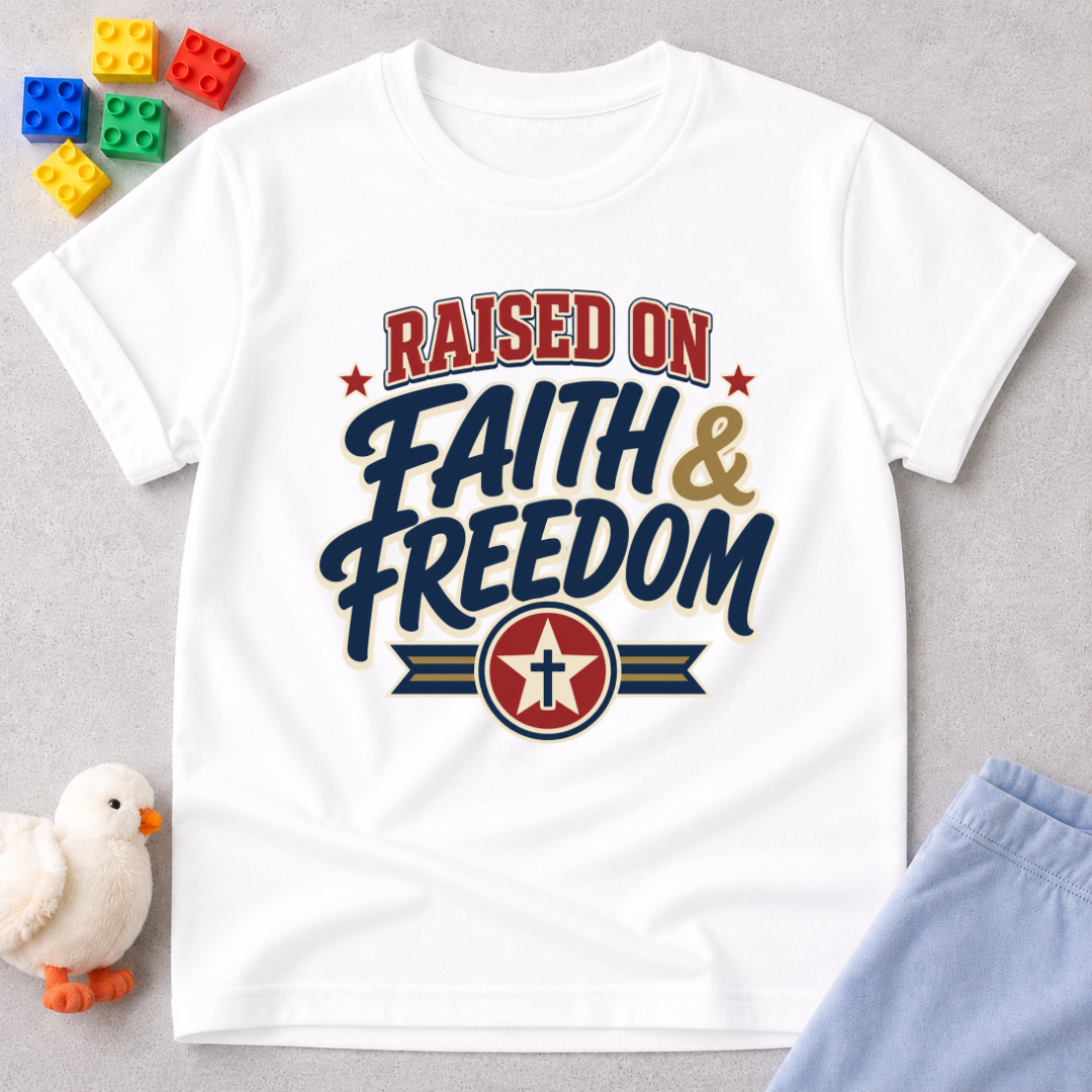 Raised on Faith and Freedom Christian kids shirt in white featuring vintage patriotic typography
