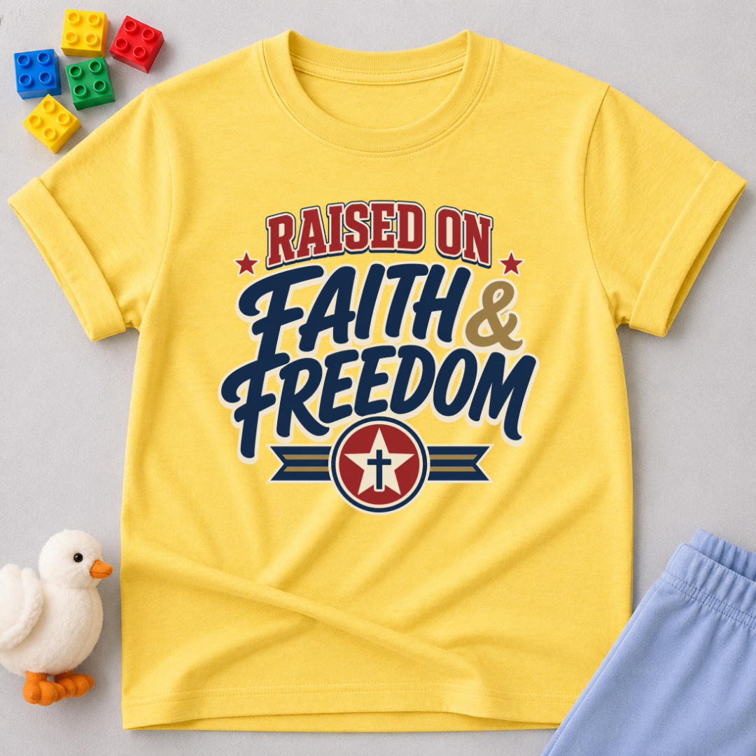 Raised on Faith and Freedom Christian kids shirt in yellow featuring vintage patriotic typography
