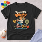 Raised on Worship Shirt Christian kids shirt in black featuring a worship-inspired faith design for children
