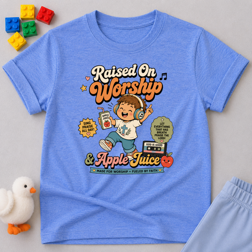 Raised on Worship Shirt Christian kids shirt in blue featuring a worship-inspired faith design for children
