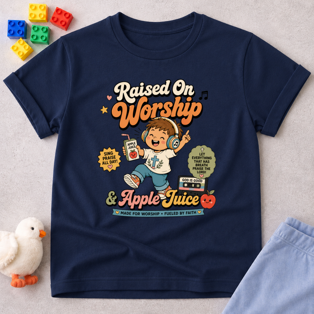 Raised on Worship Shirt Christian kids shirt in navy featuring a worship-inspired faith design for children
