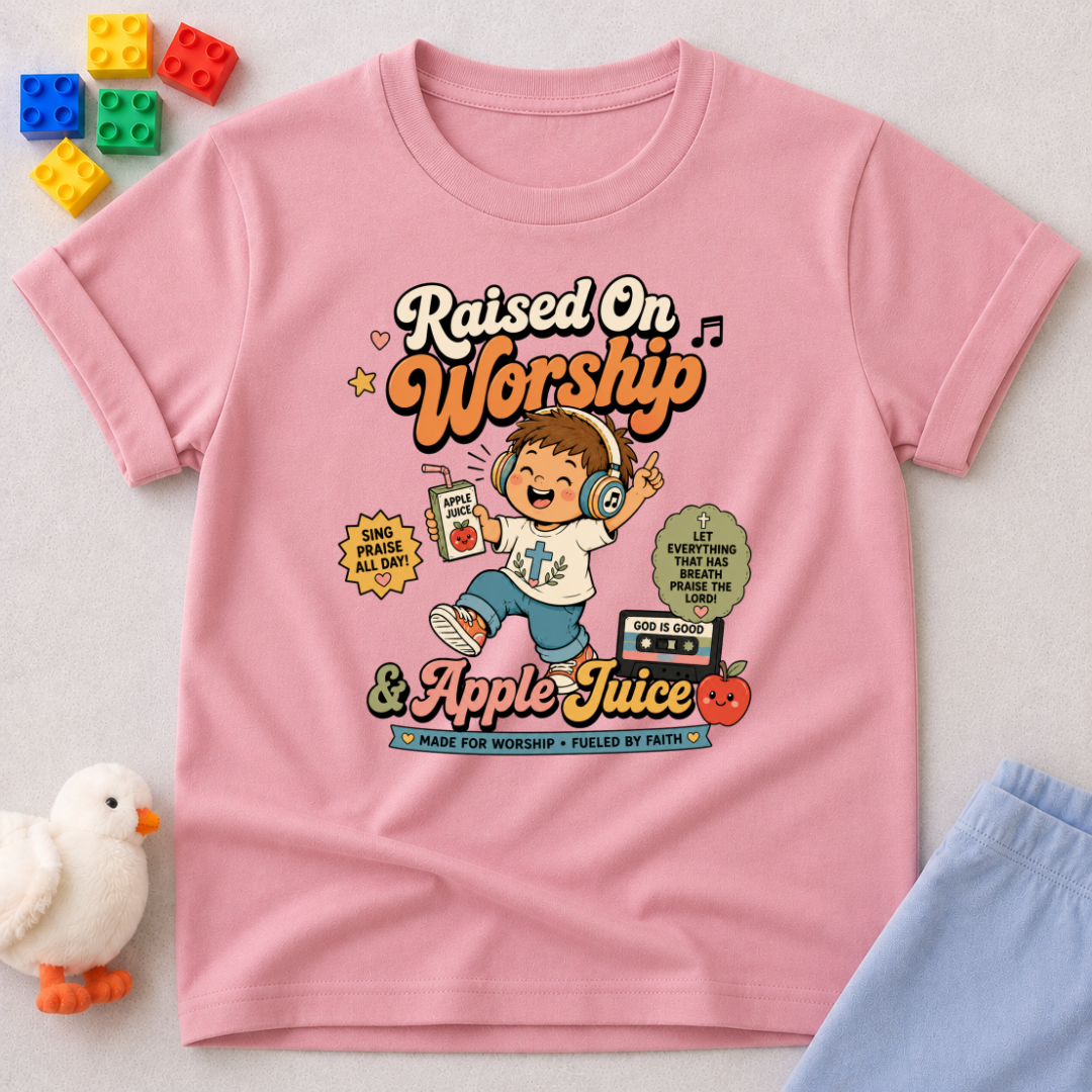 Raised on Worship Shirt Christian kids shirt in pink featuring a worship-inspired faith design for children
