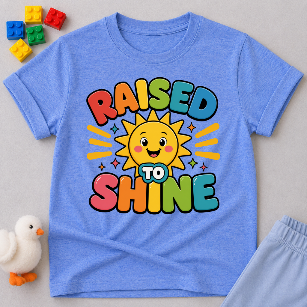 Raised to Shine Christian kids shirt in blue featuring a smiling sunshine with colorful uplifting typography
