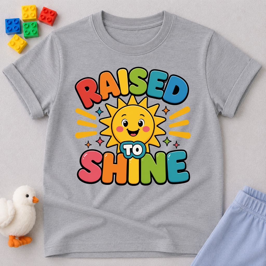 Raised to Shine Christian kids shirt in gray featuring a smiling sunshine with colorful uplifting typography
