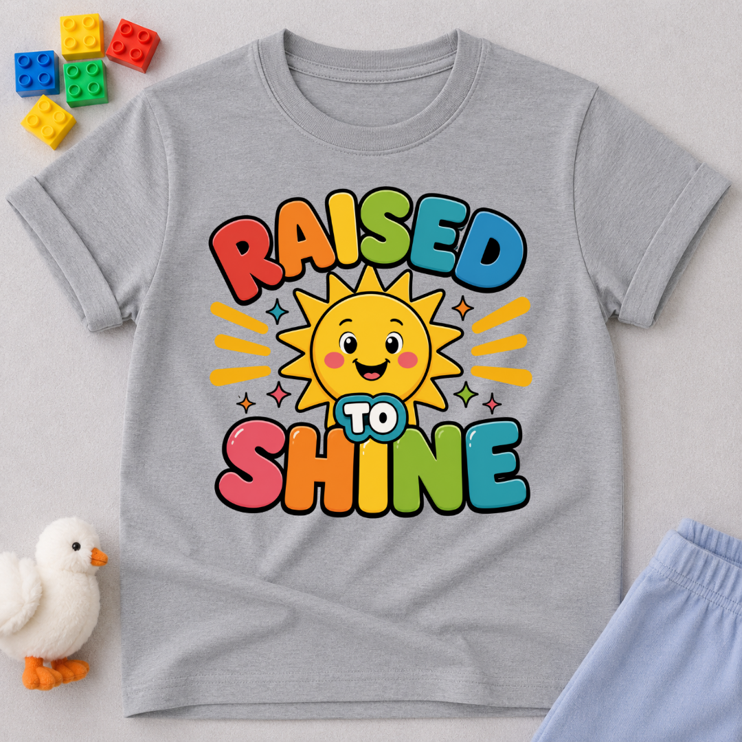 Raised to Shine Christian kids shirt in gray featuring a smiling sunshine with colorful uplifting typography
