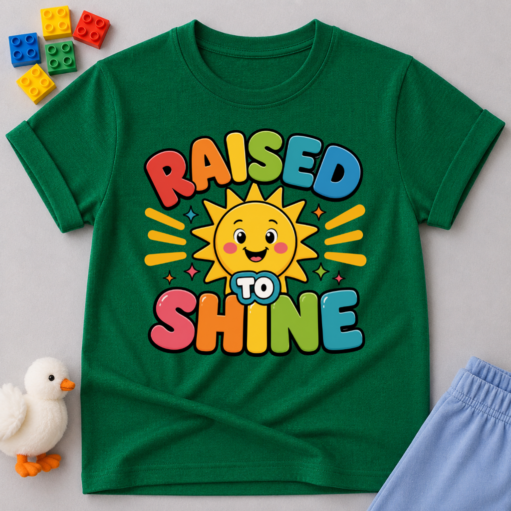 Raised to Shine Christian kids shirt in green featuring a smiling sunshine with colorful uplifting typography
