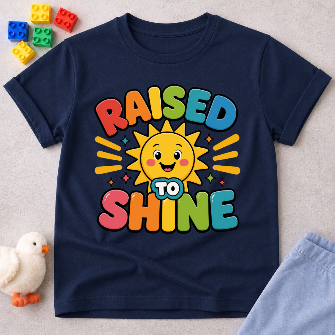 Raised to Shine Christian kids shirt in navy featuring a smiling sunshine with colorful uplifting typography
