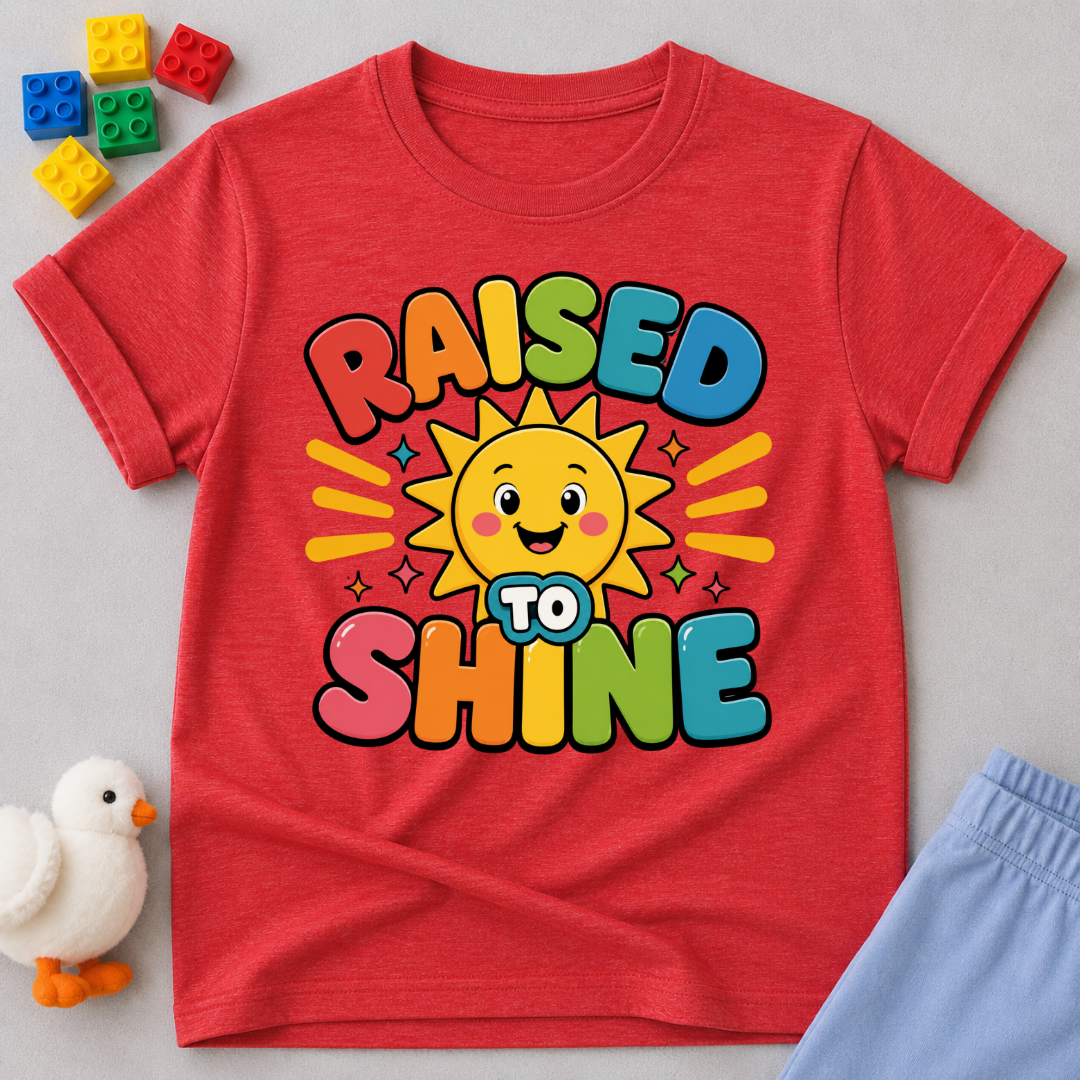 Raised to Shine Christian kids shirt in red featuring a smiling sunshine with colorful uplifting typography
