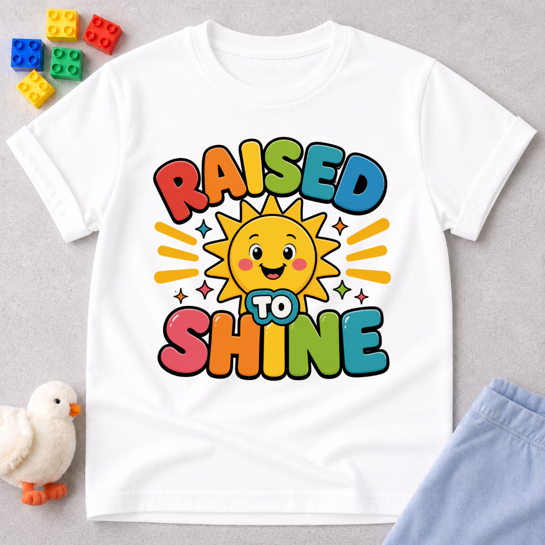 Raised to Shine Christian kids shirt in white featuring a smiling sunshine with colorful uplifting typography

