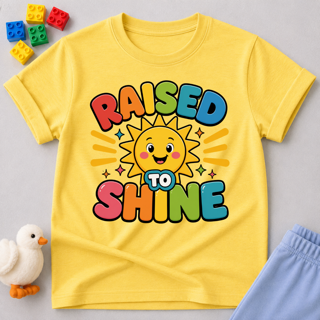 Raised to Shine Christian kids shirt in yellow featuring a smiling sunshine with colorful uplifting typography
