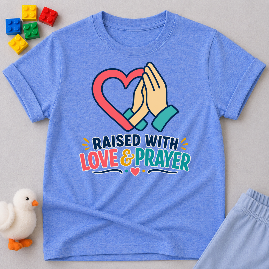 Raised with Love and Prayer Christian kids shirt in blue featuring praying hands and heart artwork
