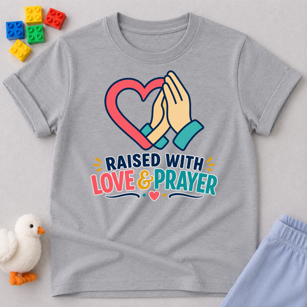 Raised with Love and Prayer Christian kids shirt in gray featuring praying hands and heart artwork

