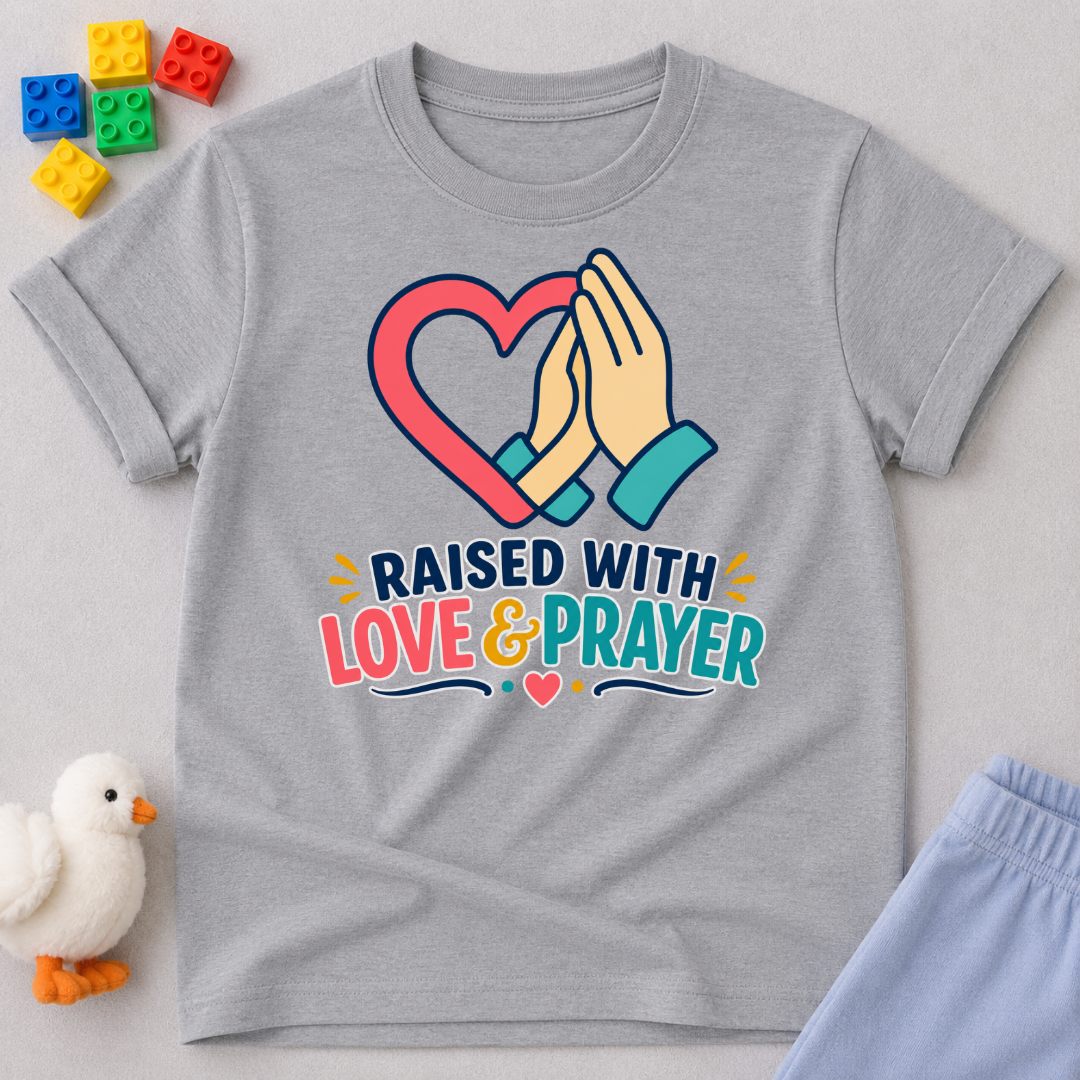 Raised with Love and Prayer Christian kids shirt in gray featuring praying hands and heart artwork
