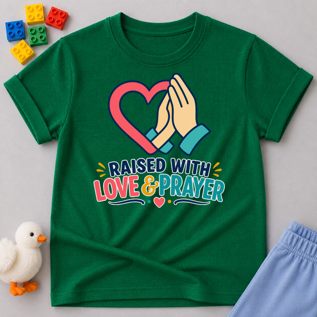 Raised with Love and Prayer Christian kids shirt in green featuring praying hands and heart artwork
