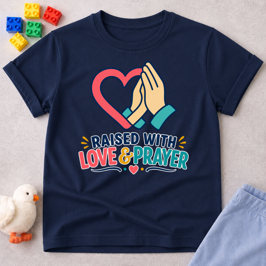 Raised with Love and Prayer Christian kids shirt in navy featuring praying hands and heart artwork
