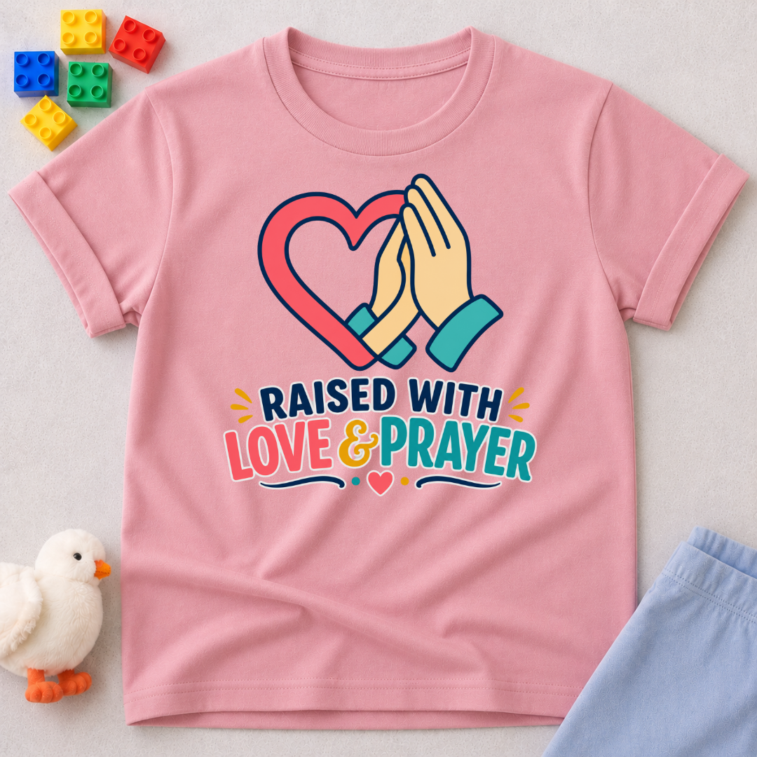 Raised with Love and Prayer Christian kids shirt in pink featuring praying hands and heart artwork
