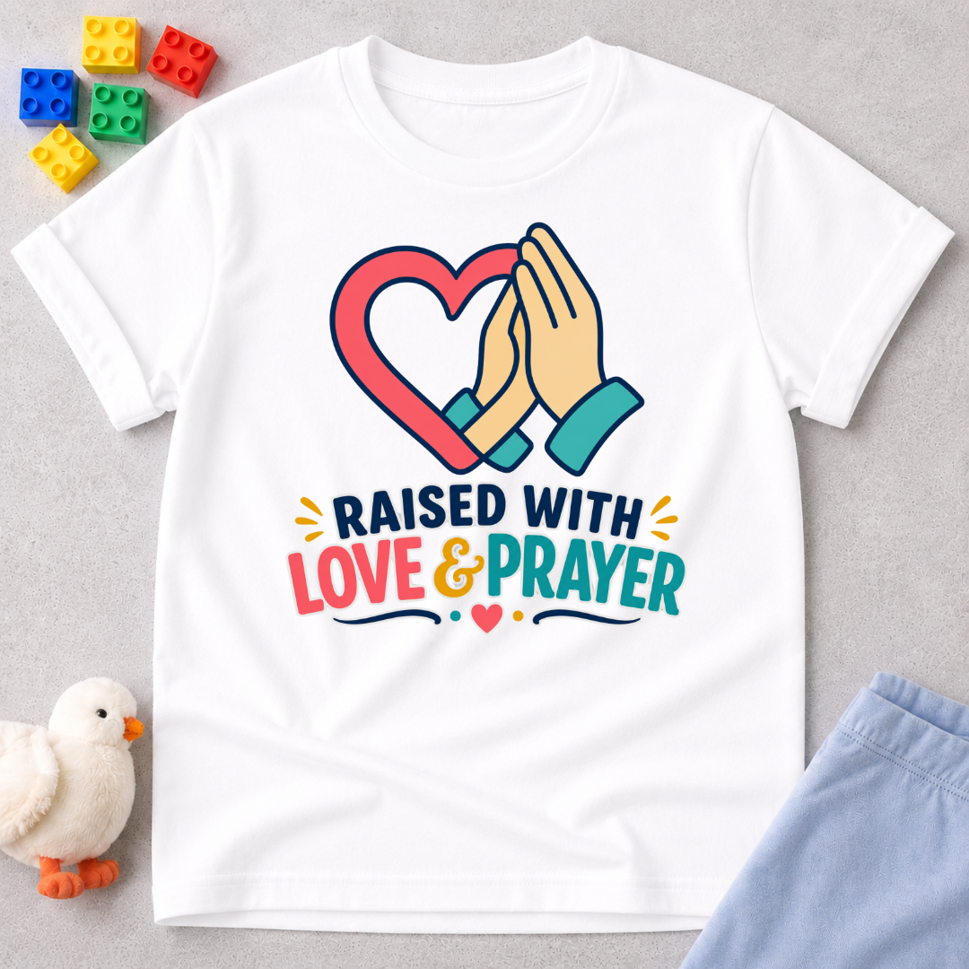 Raised with Love and Prayer Christian kids shirt in white featuring praying hands and heart artwork
