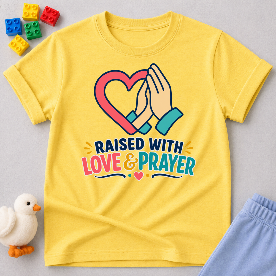 Raised with Love and Prayer Christian kids shirt in yellow featuring praying hands and heart artwork
