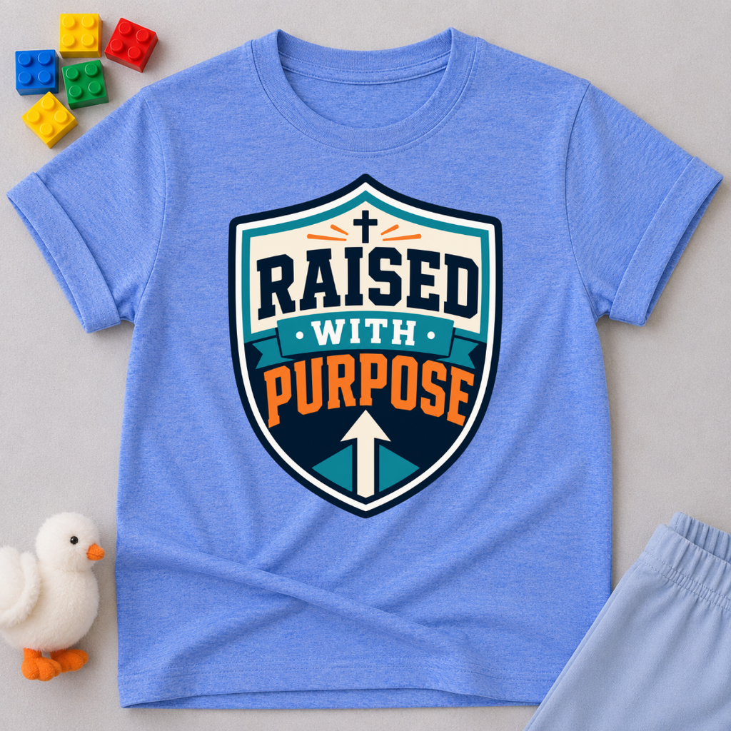 Raised with Purpose Badge Christian kids shirt in blue featuring a bold shield emblem
