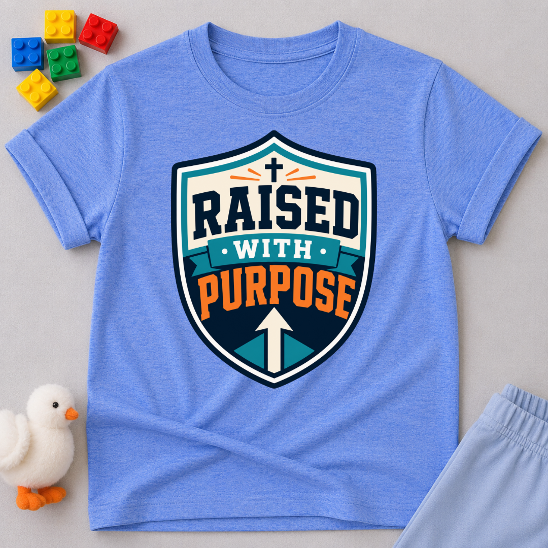 Raised with Purpose Badge Christian kids shirt in blue featuring a bold shield emblem
