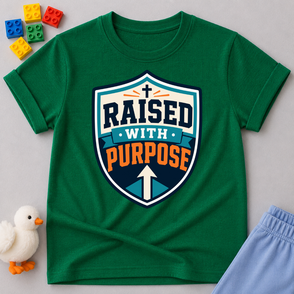 Raised with Purpose Badge Christian kids shirt in green featuring a bold shield emblem
