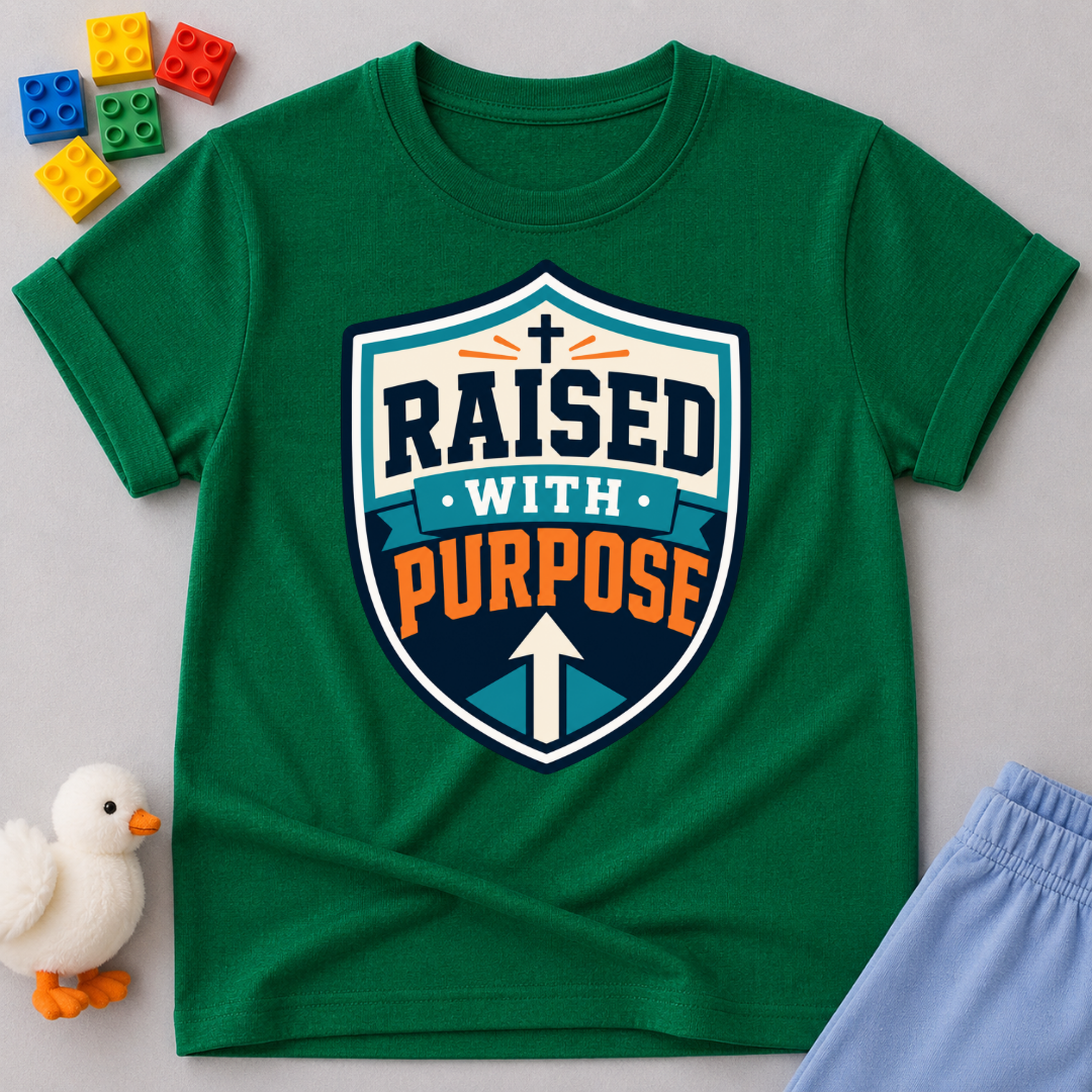 Raised with Purpose Badge Christian kids shirt in green featuring a bold shield emblem
