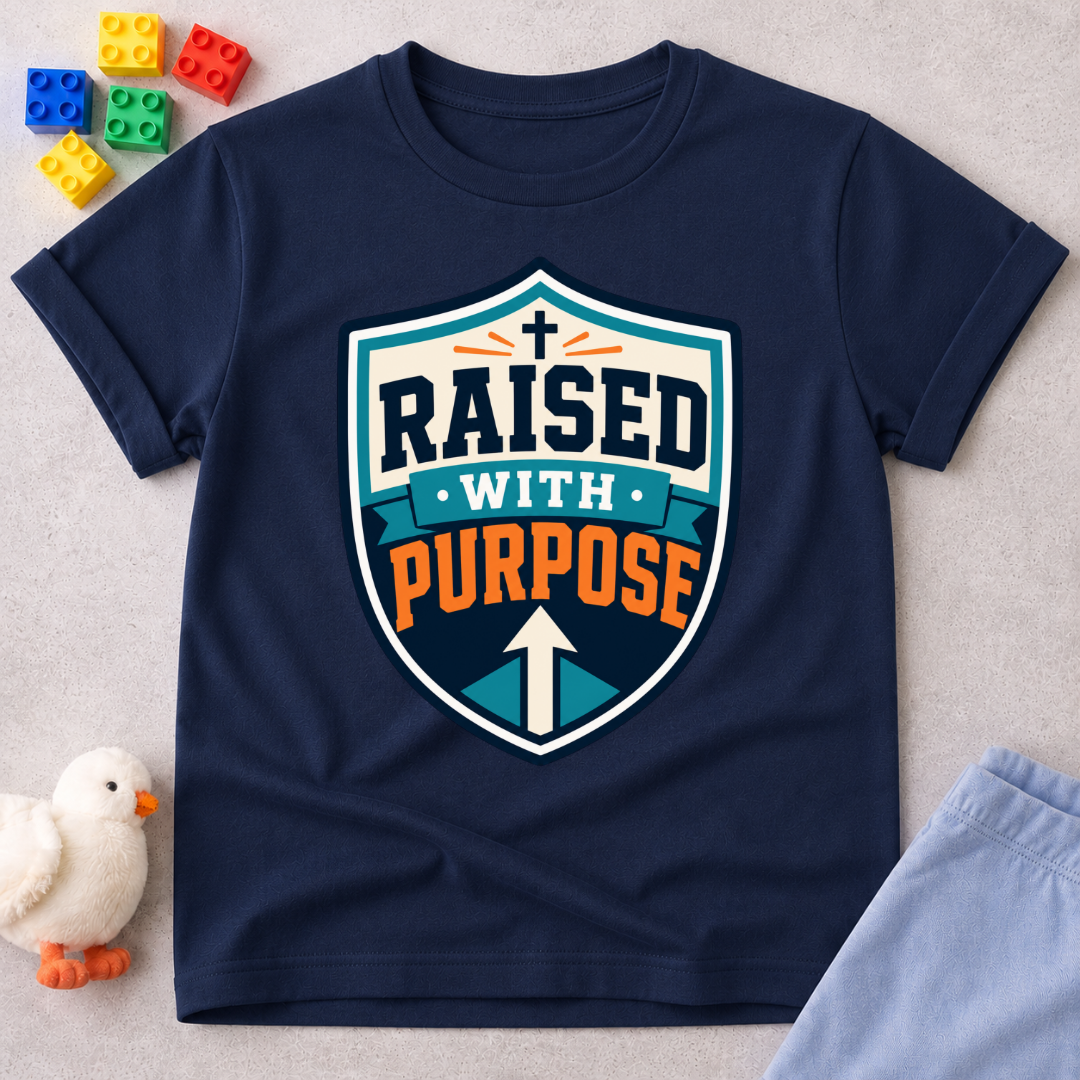 Raised with Purpose Badge Christian kids shirt in navy featuring a bold shield emblem
