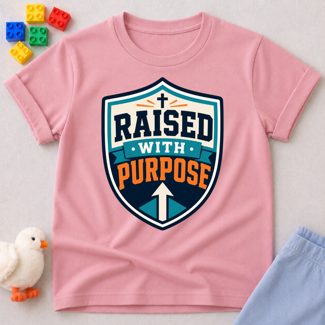 Raised with Purpose Badge Christian kids shirt in pink featuring a bold shield emblem
