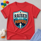 Raised with Purpose Badge Christian kids shirt in red featuring a bold shield emblem
