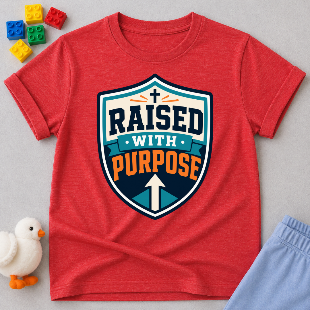 Raised with Purpose Badge Christian kids shirt in red featuring a bold shield emblem

