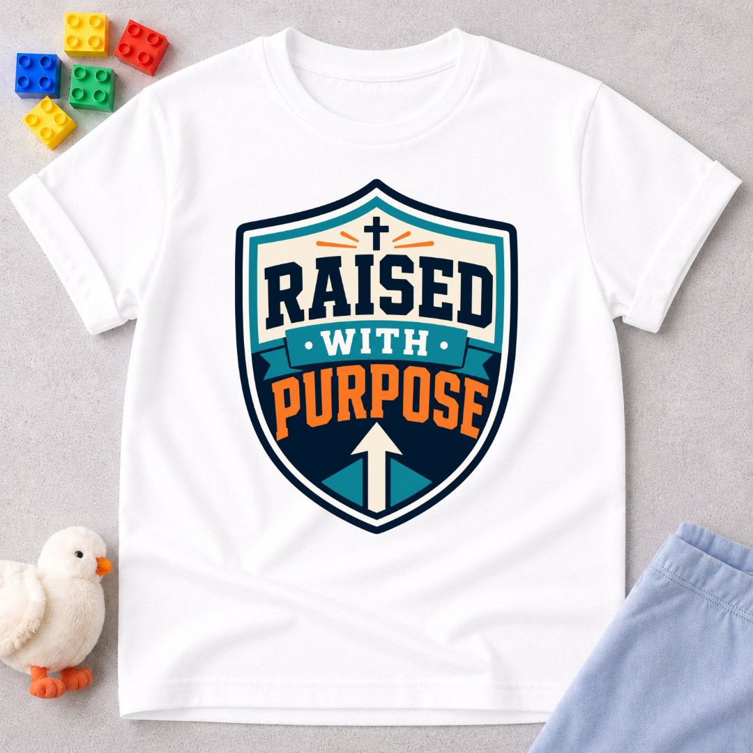 Raised with Purpose Badge Christian kids shirt in white featuring a bold shield emblem
