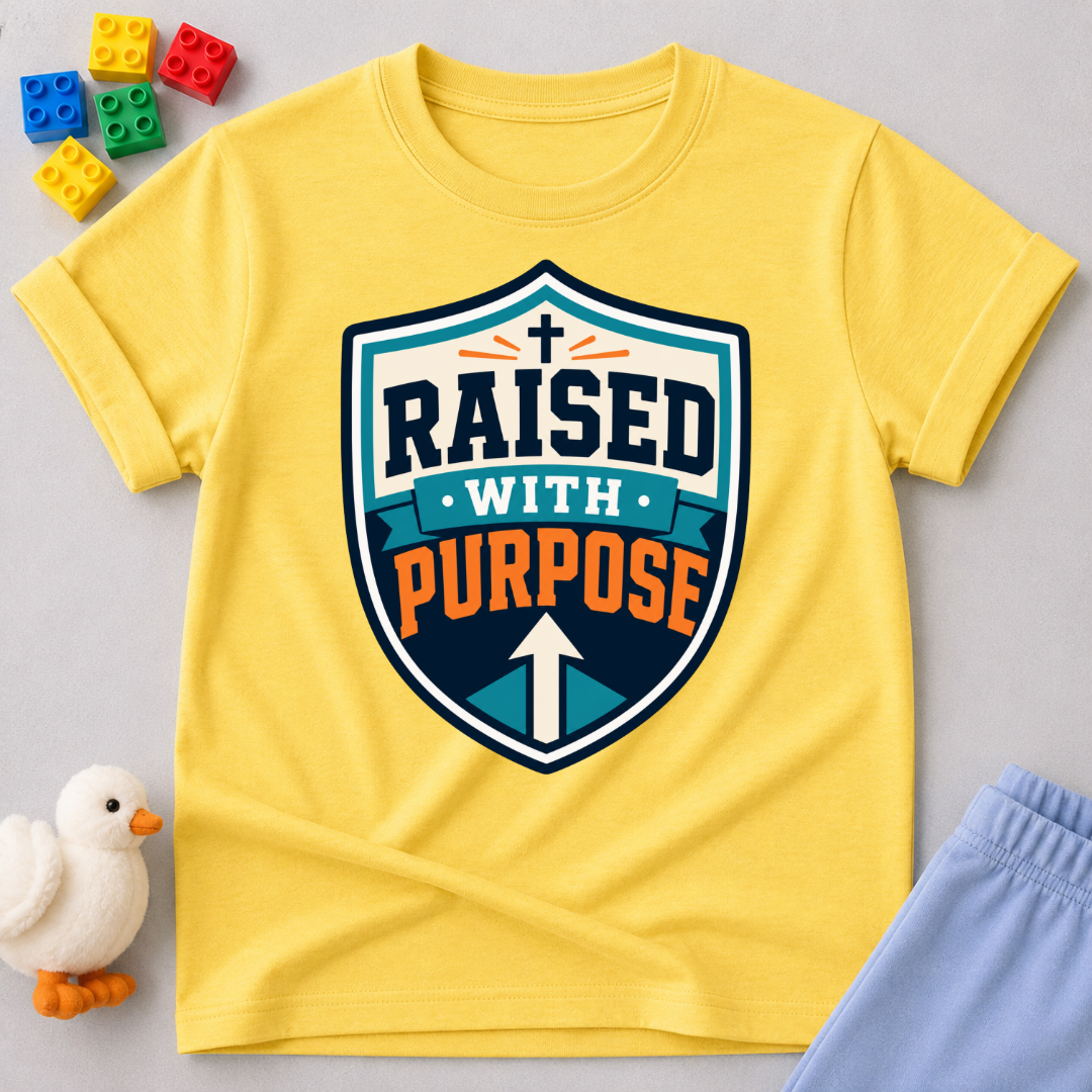 Raised with Purpose Badge Christian kids shirt in yellow featuring a bold shield emblem
