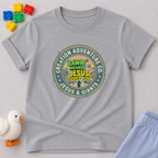 Rawr Means Jesus Loves You Shirt Christian kids shirt in Gray featuring a dinosaur faith badge design
