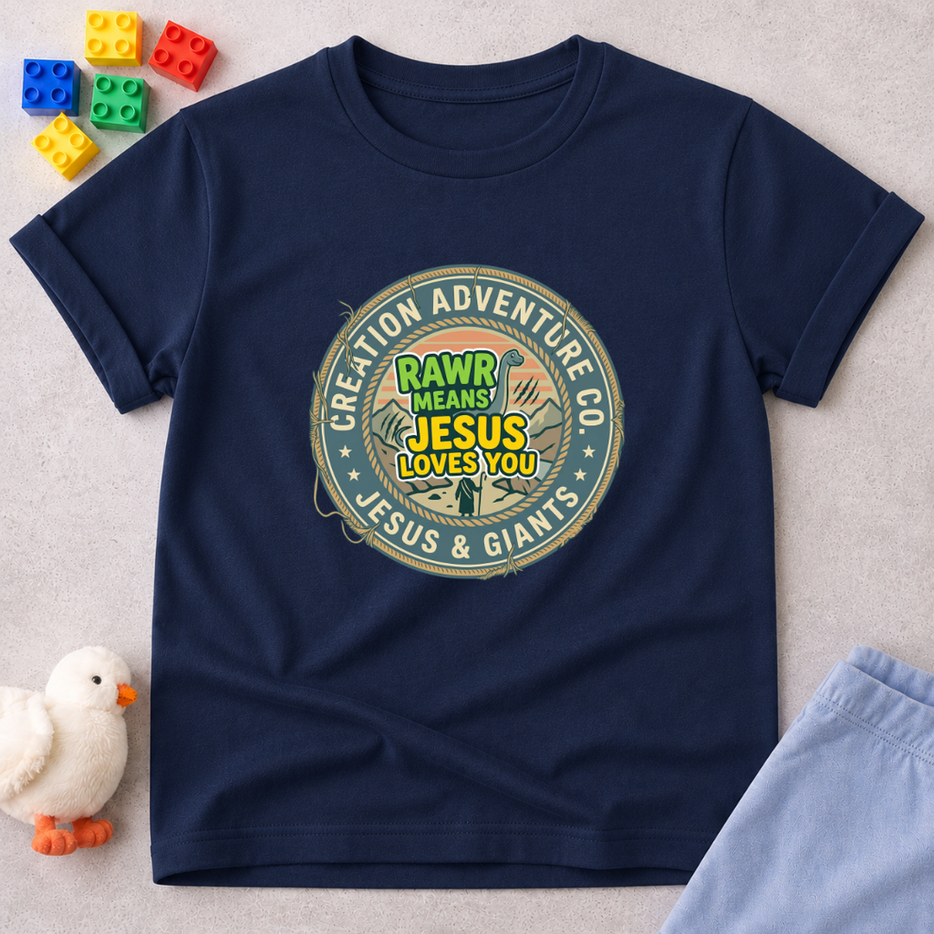 Rawr Means Jesus Loves You Shirt Christian kids shirt in Navy featuring a dinosaur faith badge design