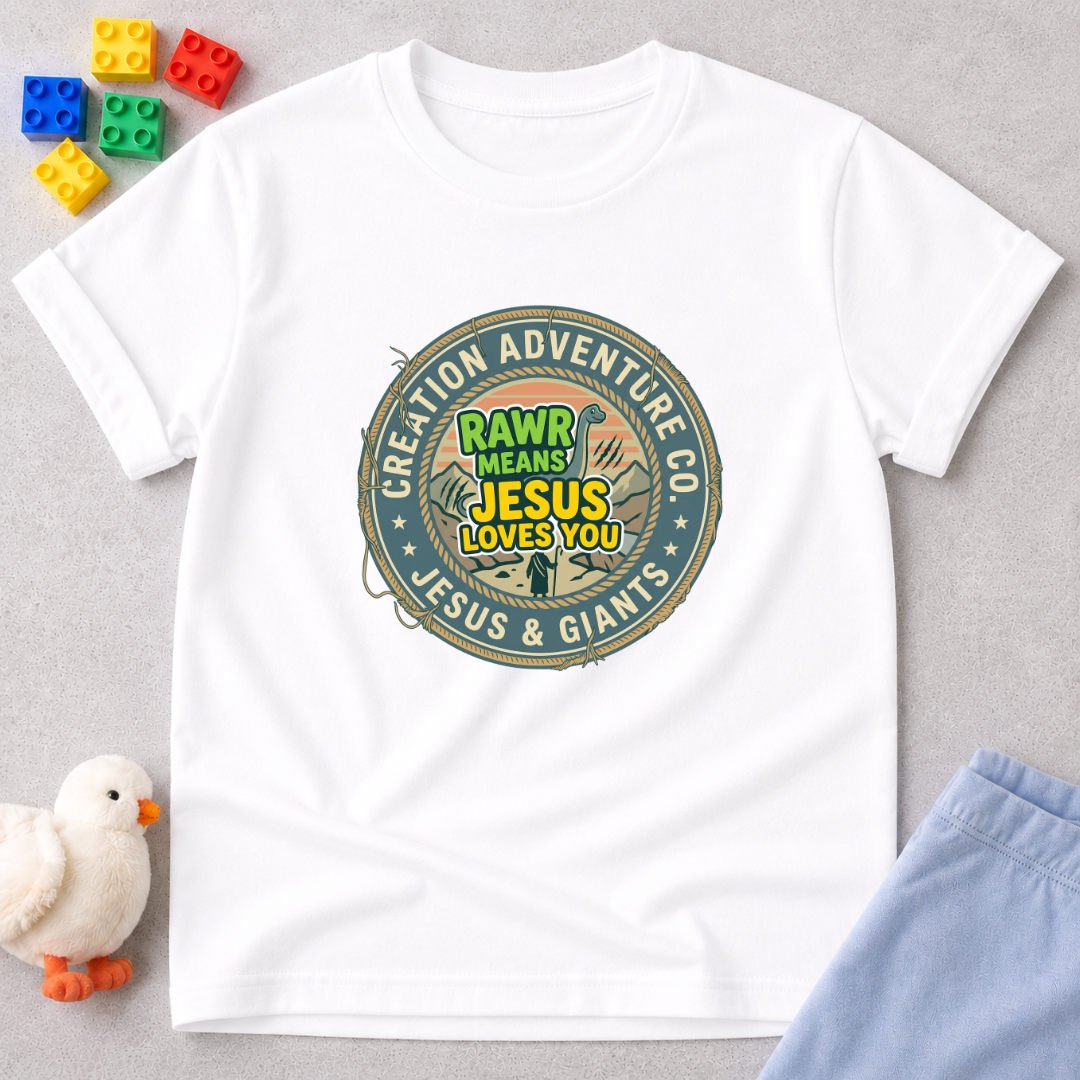 Rawr Means Jesus Loves You Shirt Christian kids shirt in White featuring a dinosaur faith badge design