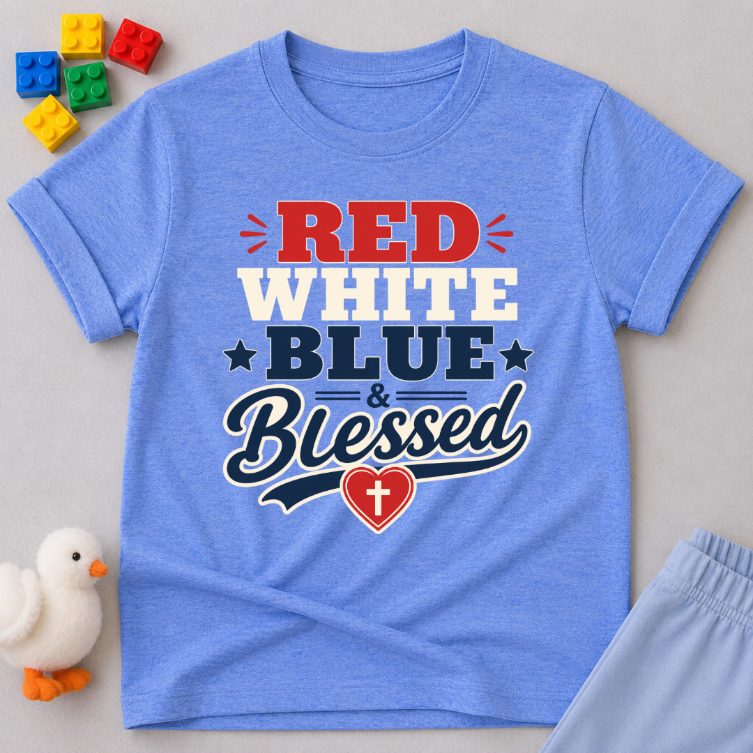 Red White Blue Blessed Shirt Christian kids shirt in blue featuring patriotic typography and heart cross
