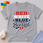 Red White Blue Blessed Shirt Christian kids shirt in gray featuring patriotic typography and heart cross
