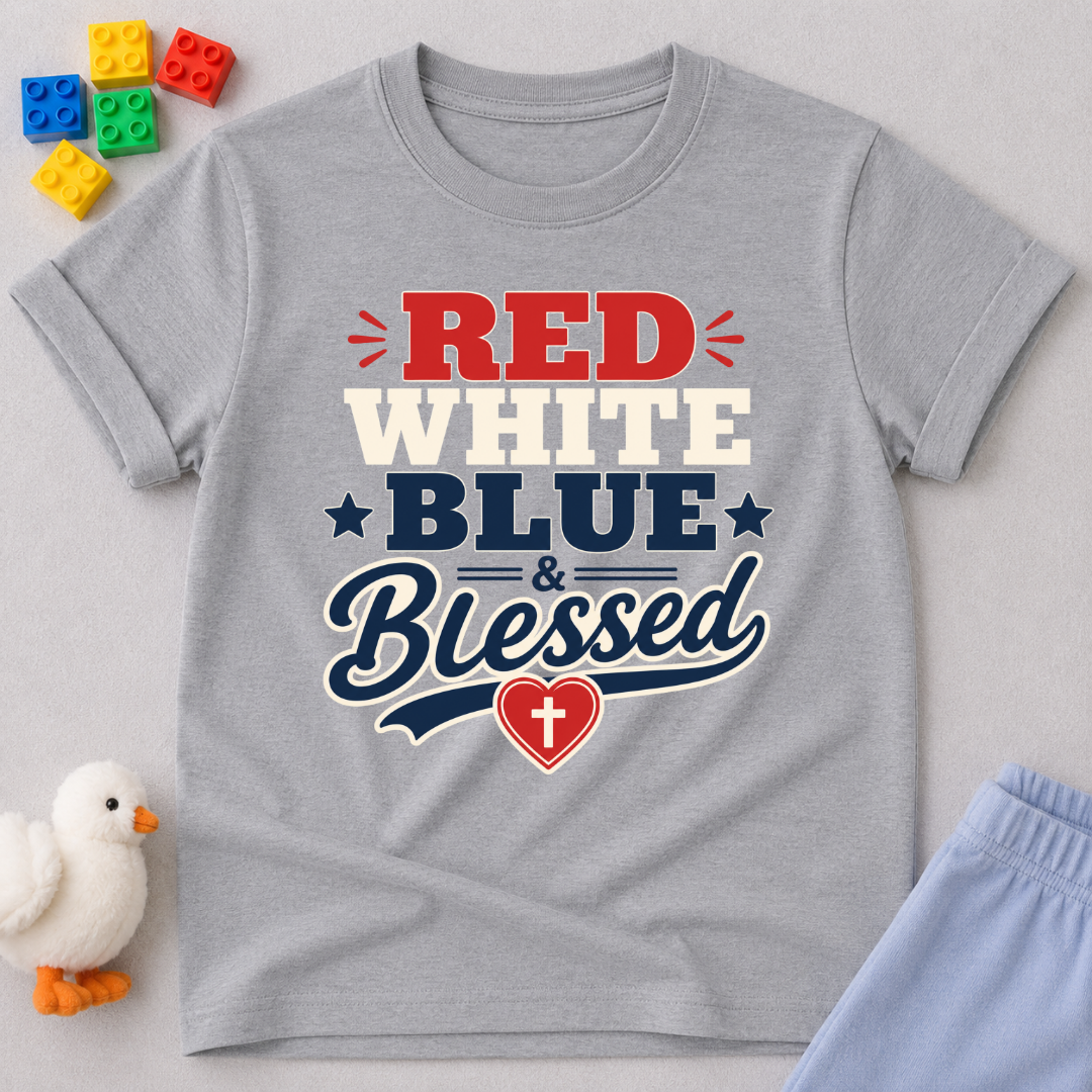 Red White Blue Blessed Shirt Christian kids shirt in gray featuring patriotic typography and heart cross
